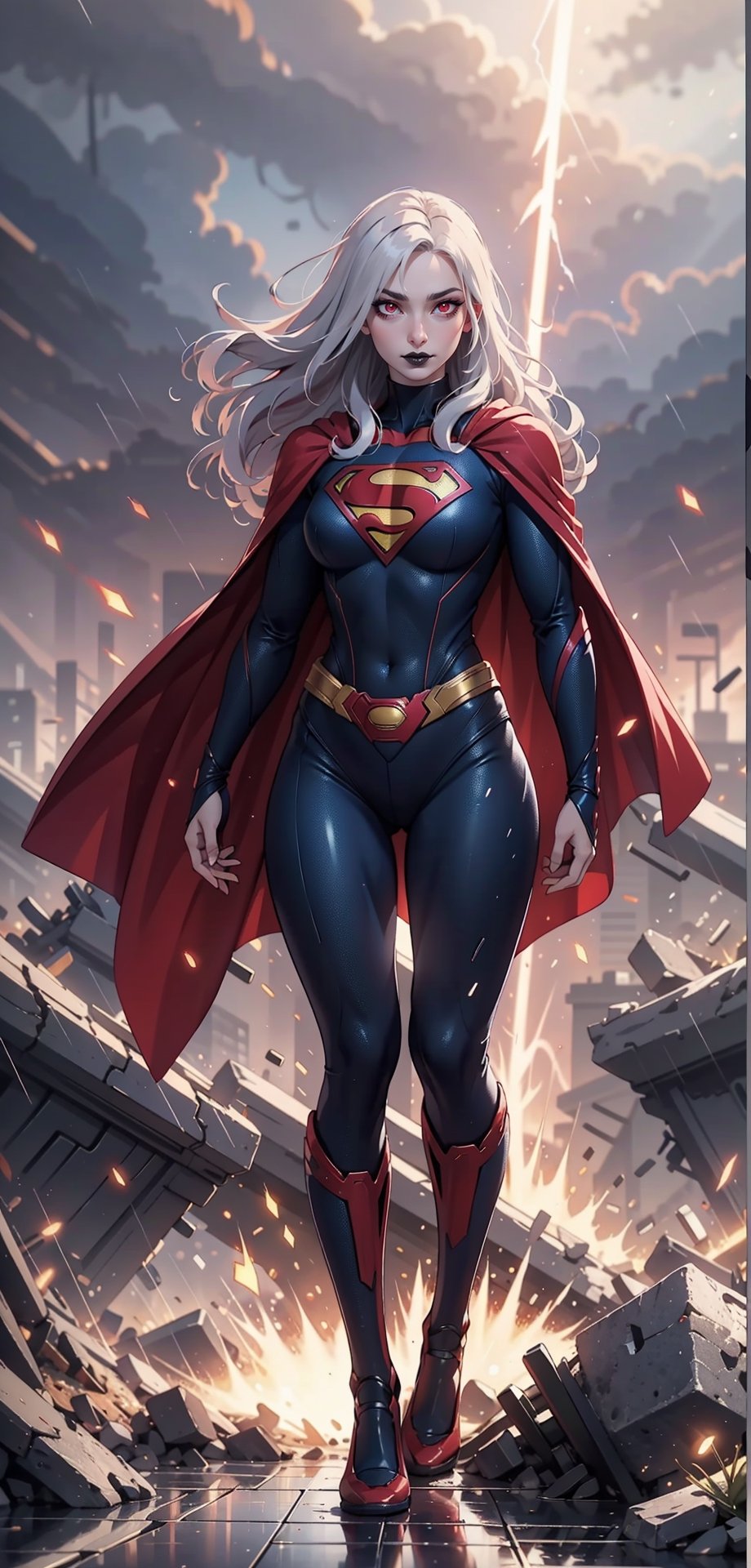 One super female,in superman outfit, red_eyes, glowing eyes:1.4, white hair:1.3, extreme long hair, straight_hair, run down hair, supergirl suit, serious look, masterpiece, best quality, ultra detailed, (detailed background), perfect shading, high contrast, best illumination, extremely detailed, ray tracing, realistic lighting effects, neon noir illustration, perfect generated hands, ((full-body_portrait)), (black lipstick), black eyeliner, black eye shadow:1.3, pale skin:1.4, black fingernails, black cape, fur cape & long. Background fire-around, rocks, ruins, rain-fire, lightning in the distance.,wearing supergirl_cosplay_outfit