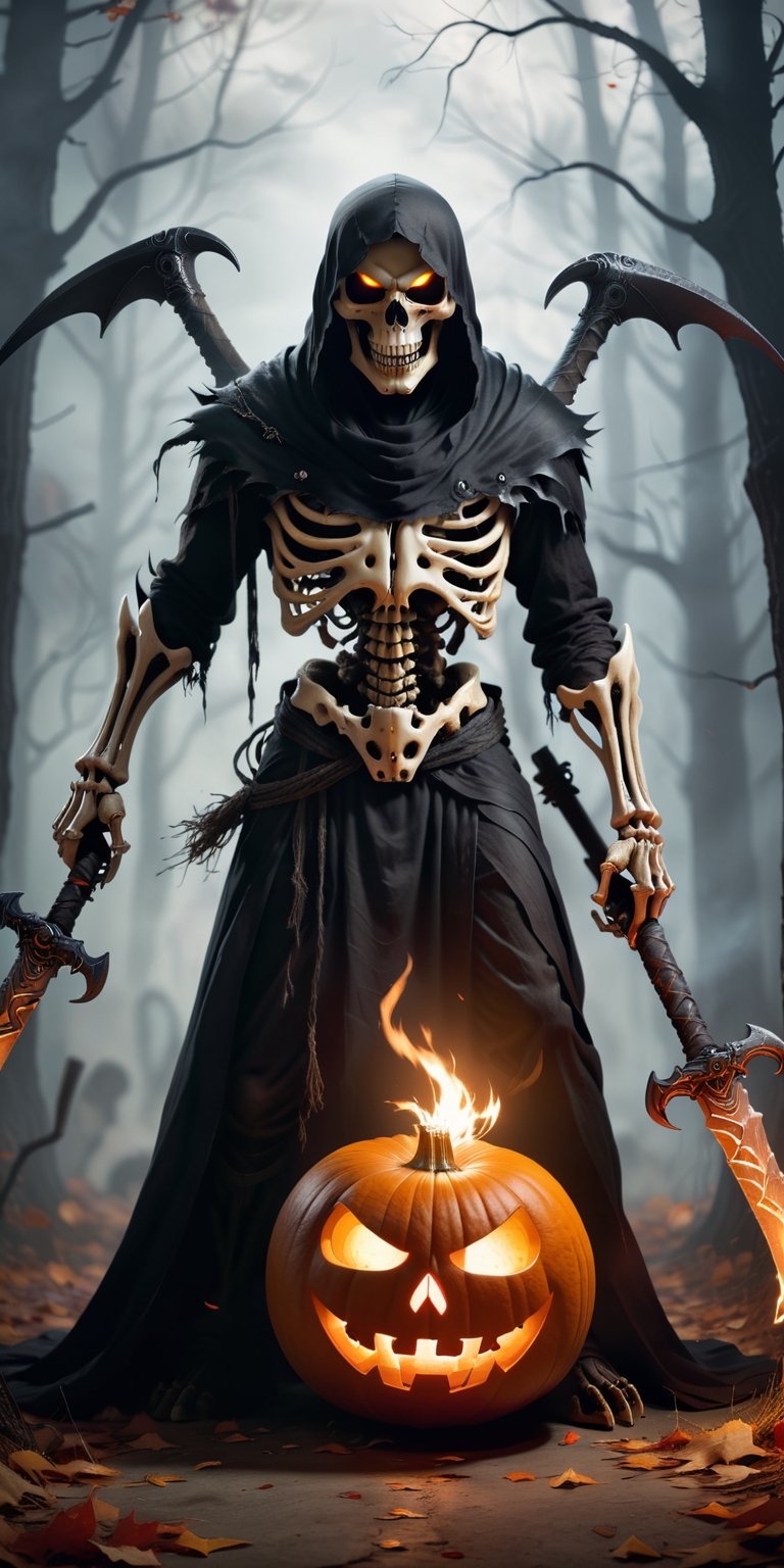 Craft a chilling Halloween-themed image featuring a terrifying Skull Walker draped in black cloth with  fire on his skull. Illustrate the figure holding a sinister pumpkin in its left hand and a menacing scythe in its right. Create an atmosphere of dread as the Walker gazes at the viewer with burning flame skull eyes, an evil smile gracing its face. Bring the haunting essence of Halloween to life with this bone-chilling and visually striking image