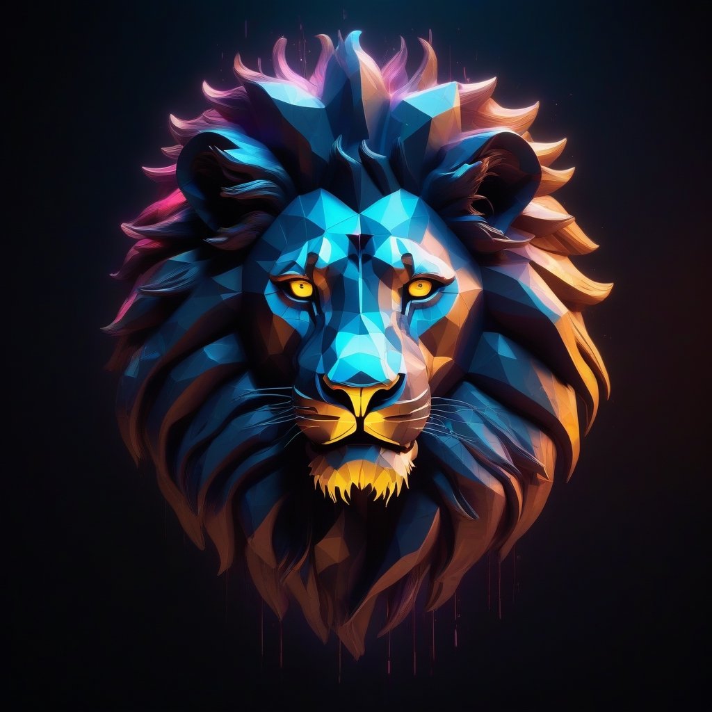 lion, futuristic style, symmetry, polygonal elements, lights, oil painting, sculpture, avant-garde art, dark environment, horror, the shadow, hyperrealistic, movie poster, ink details, 3d render, neon lights