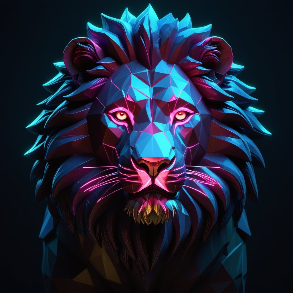 lion, futuristic style, symmetry, polygonal elements, lights, oil painting, sculpture, avant-garde art, dark environment, horror, the shadow, hyperrealistic, movie poster, ink details, 3d render, neon lights