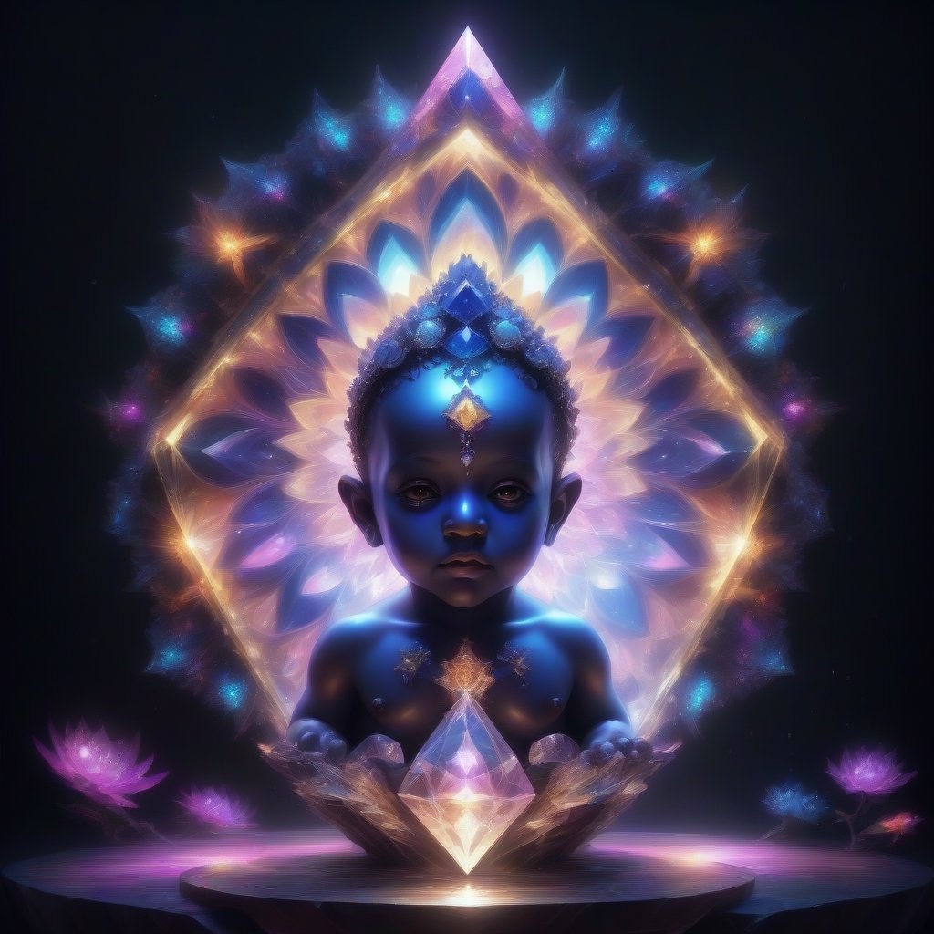 baby, meditative,  cristal, symmetry, polygonal elements, fractal lights,  floral ornament,  quartz, eye, diamonds, gems, saturated color, oil painting, sculpture, avant-garde art, dark environment, horror, the shadow, hyperrealistic, movie poster, ink details, 3d render, neon lights, 
astral travel