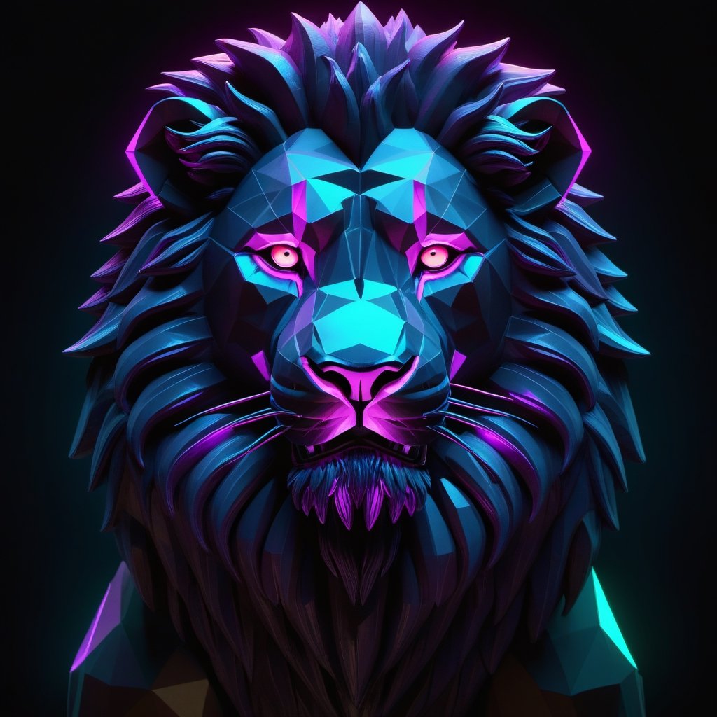 lion, futuristic style, symmetry, polygonal elements, lights, oil painting, sculpture, avant-garde art, dark environment, horror, the shadow, hyperrealistic, movie poster, ink details, 3d render, neon lights