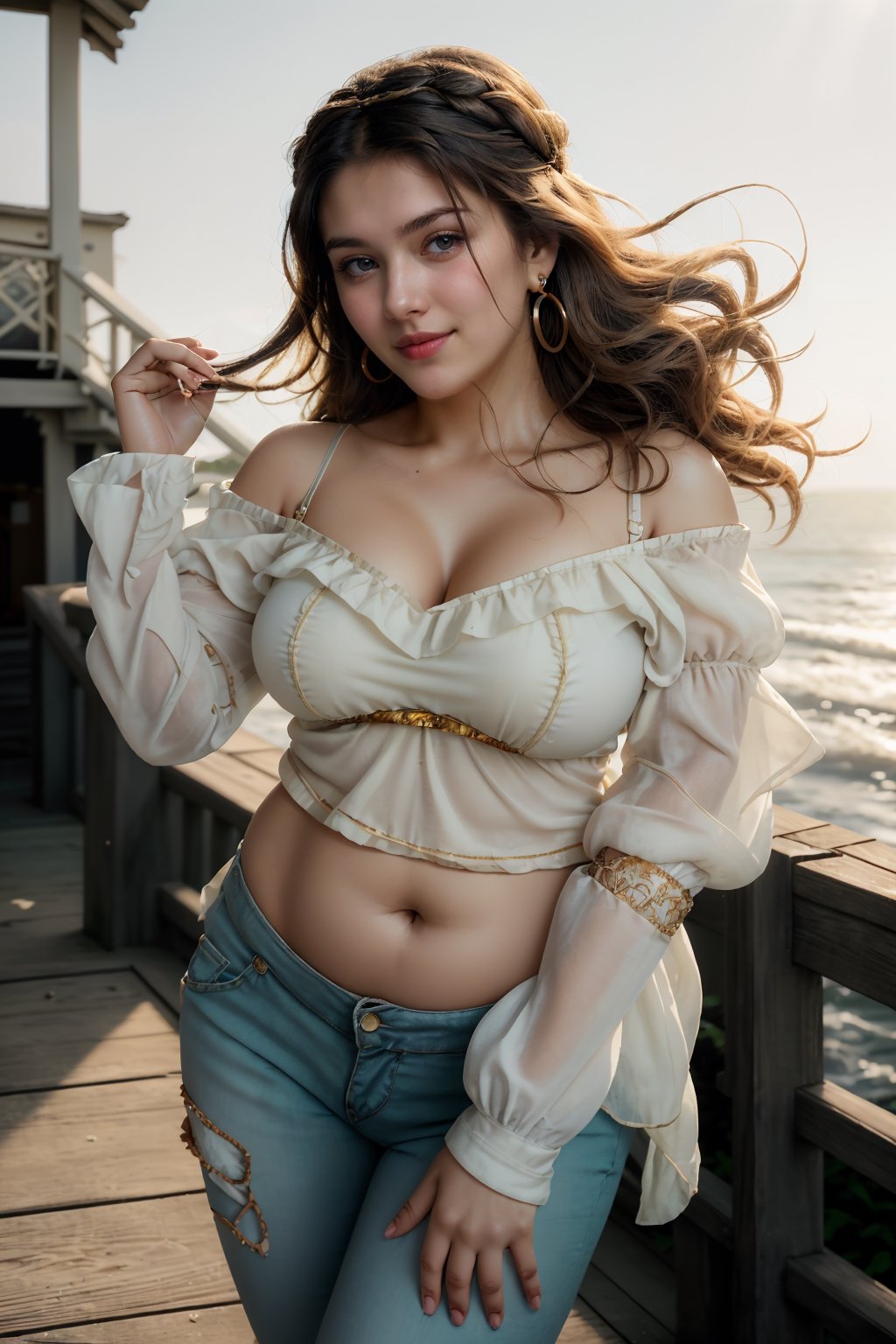 Extremely Realistic, A beautiful European woman, high quality, realistic, 25 years old of European girl plus size young Girl, chubby women, chubby face, thin waist, cute navel,

Hair Style: Loose, beachy waves with sun-kissed highlights.

Ornament: Adorned with a boho-inspired headband and hoop earrings.

Cloths: Casual yet stylish off-shoulder top paired with high-waisted jeans, epitomizing modern comfort.

Pose: Relaxed and carefree, with a genuine laughter captured in a candid moment.

Lighting: Soft, diffused natural light during a breezy afternoon, creating a flattering and easygoing atmosphere.

Background: Coastal boardwalk with a view of the sea, embodying a laid-back and joyful vibe.,photorealistic,1 girl,Masterpiece,Mallu 
