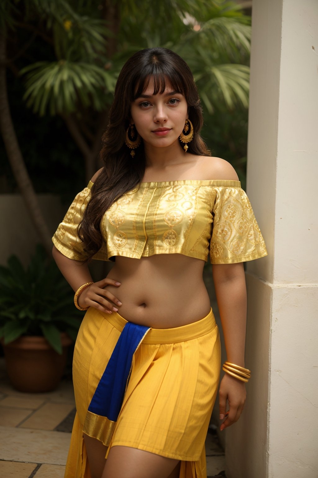 Extremely Realistic, A beautiful indian woman, high quality, realistic, 25 years old of indian girl, thin waist, cute navel, big breasts, chubby women, skin tone tan color.

Hair Style: long hair with bangs.

Ornament:  hoop earrings.

Cloths: Casual yet stylish off-shoulder top paired with mini skirt, epitomizing modern comfort.



Background: unter a tree