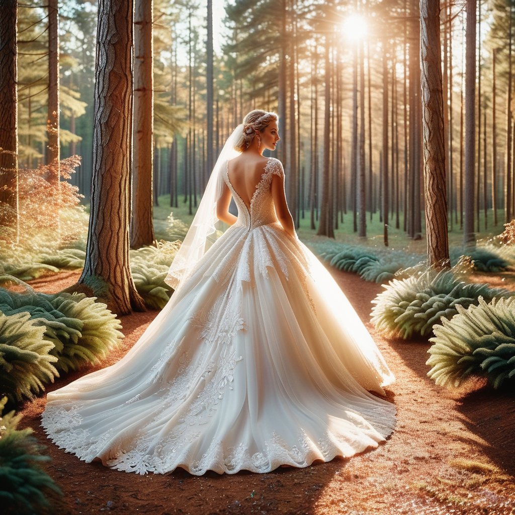 Amidst the whispering pines of a enchanted forest, the bride in a flowing white wedding ballgown, adorned with intricate lace and a shimmering veil,