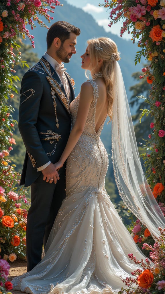 In the vibrant and expressive painting style of Alex Alemany, the bride stands radiantly, her long, flowing veil cascading down her back, adorned with sparkling gems and diamonds. Her gown is a masterpiece of intricate design, with shimmering jewels that catch the light, creating a magical aura around her. The groom, equally resplendent, wears an elegant suit embellished with gems and diamonds, reflecting the enchanting atmosphere of the occasion. The couple's necklaces, crafted with exquisite detail, add a touch of royal elegance to their attire. The backdrop is a vibrant, animated world filled with lush greenery, colorful flowers, and playful characters, all rendered in the charming and imaginative style of Alex Alemany. The scene is a perfect blend of fairytale romance and modern sophistication, making their union a truly magical and unforgettable moment..,Midjourney_Whisper