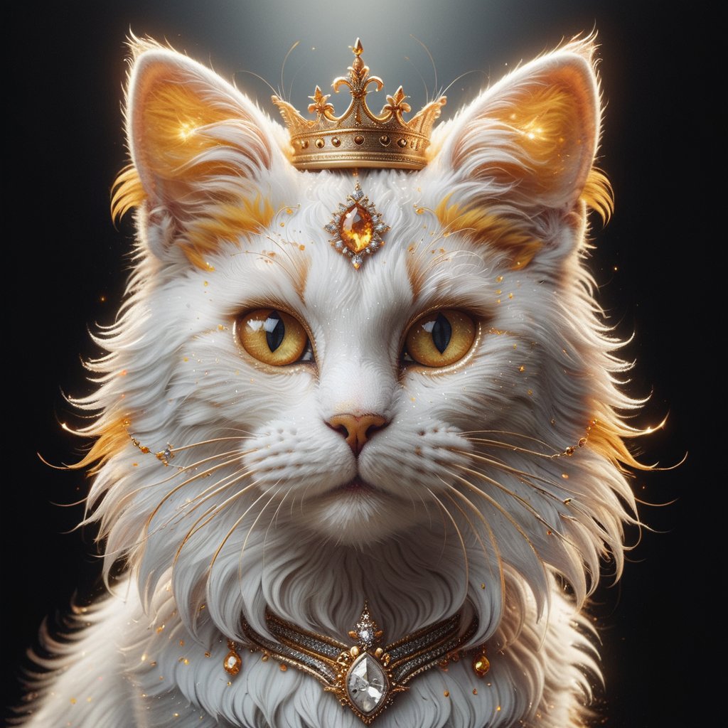 The anthropomorphic queen cat with white fur tinged with yellow features bright amber eyes, a delicate muzzle, and whiskers that gracefully frame her gentle and expressive face.