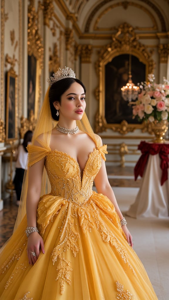 Midjourney_Whisper, In a grand, opulent palace ballroom adorned with ornate gold trimmings and exquisite frescoes, a radiant princess stands poised, ready to make her grand entrance. She is the epitome of elegance, dressed in a breathtaking Rococo-style wedding gown that exudes timeless beauty and sophistication.

The gown is a masterpiece of rich, royal yellow silk, intricately embellished with delicate lace and shimmering pearls that catch the light, creating a soft, ethereal glow. The bodice is fitted, accentuating her slender waist, and adorned with intricate floral embroidery that cascades down the skirt. The voluminous skirt flows gracefully, with layers of tulle and silk that rustle softly with each step.

Her most striking feature is the long, flowing veil, a cascade of sheer fabric that trails behind her like a river of silk. The veil is edged with exquisite lace, matching the intricate detailing of her gown, and is held in place by a sparkling tiara that nestles in her perfectly coiffed hair. The tiara is a work of art, featuring diamonds and pearls that twinkle like stars against her dark locks.

The princess's face is a vision of perfection, her features delicate and refined. Her almond-shaped eyes, framed by long, dark lashes, sparkle with joy and anticipation. Her high cheekbones are lightly dusted with a soft blush, enhancing her natural radiance. Her lips, painted a soft pink, curve into a gentle smile that reveals her inner happiness. Her nose is small and perfectly proportioned, adding to her overall air of grace and sophistication.

Her jewelry is understated yet exquisite, complementing the elegance of her gown. She wears a pair of diamond earrings that dangle delicately from her earlobes, catching the light with each movement. Around her neck, she wears a simple pearl choker, its lustrous sheen a perfect match for the pearls adorning her gown. Her wrists are adorned with gem-encrusted bracelets that sparkle brilliantly, adding a touch of opulence to her ensemble.

The ballroom is bathed in a warm, golden light that seems to enhance the beauty of the scene. The air is filled with the soft scent of fresh flowers, and the gentle hum of anticipation from the guests. As the princess takes her first steps down the aisle, the room falls silent, all eyes drawn to her as she floats gracefully towards her future, a vision of timeless elegance and beauty. The grandeur of the palace, with its soaring ceilings and intricate moldings, provides the perfect backdrop for this regal and enchanting moment.,Perfect Eyes