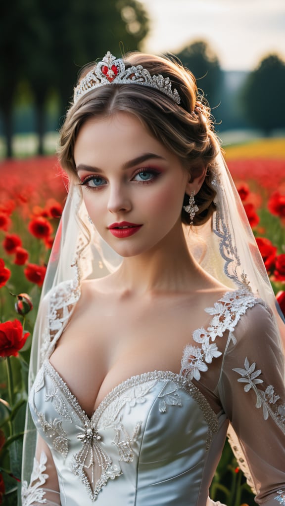 ultra-detailed,beautiful detailed eyes,beautiful detailed lips,extremely detailed eyes and face,longeyelashes,long veil,1girl,1man,F-cup,voluptuous body,red wedding dress,intricate lace,long sleeves,sweetheart neckline,delicate pearl earrings,elegant tiara,floral headpiece,white lace gloves,red high heels,groom in black tuxedo,romantic flower field,butterflies,soft sunlight,vivid colors,bokeh,dancing pose,happy expressions