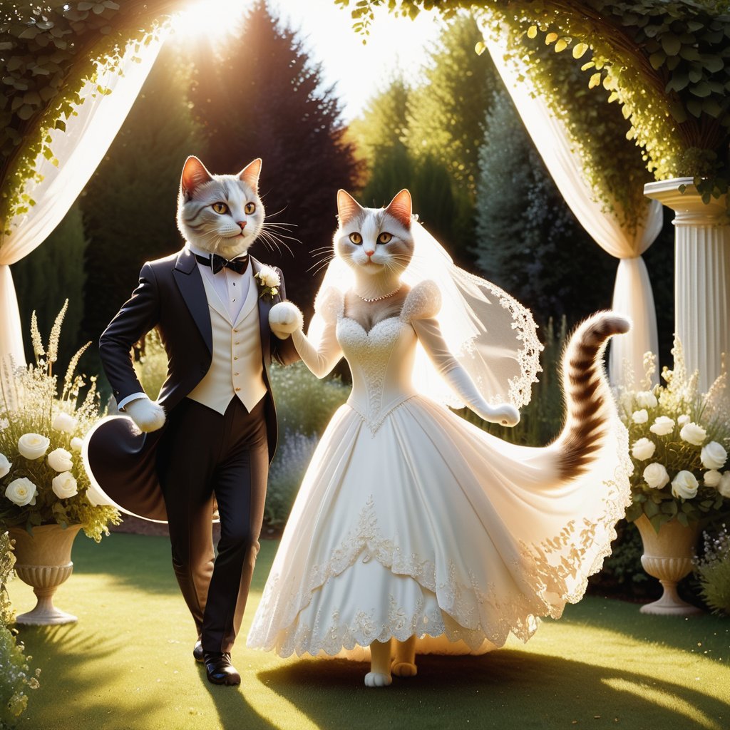 1 anthropomorphic couple cats, full body,act as a a bride with long white veil and a groom.  they are dancing in the garden