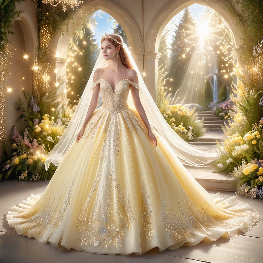 Light spills through the enchanted forest, illuminating a vision in a flowing yellow wedding ballgown. Delicate embroidery shimmers with every step, and a cathedral veil cascades down her back like a waterfall of moonlight. A radiant bride, ready to begin her happily ever after in this magical fairyland,glitter