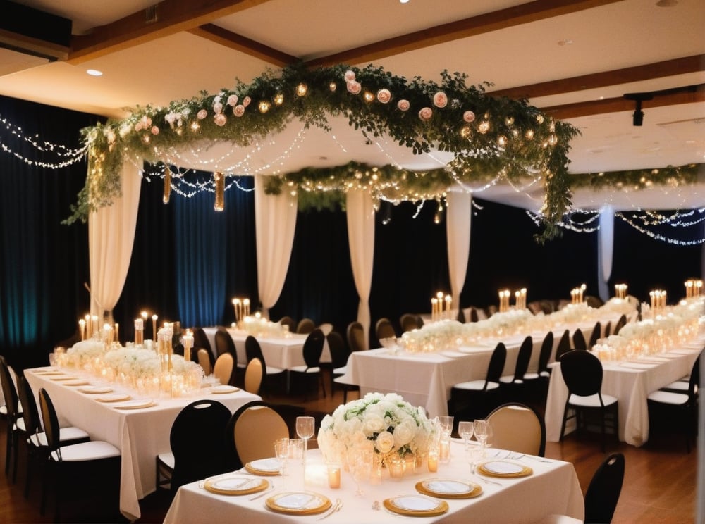 The wedding reception hall glows with twinkling fairy lights draped across the ceiling. Tables are elegantly set with crisp white linens and centerpieces of blooming roses and eucalyptus. Gold-rimmed plates and crystal glassware add a touch of luxury. Candles flicker gently, casting a warm, inviting glow, while a string quartet plays softly in the background.