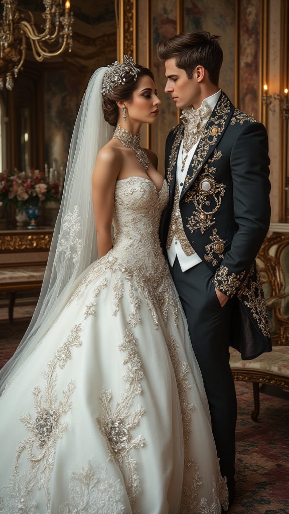 In a lavish Rococo-style palace, the bride and groom exude elegance. The bride is adorned in a stunning white gown with a long, flowing veil that trails behind her, embellished with many and various sparkling gems and diamonds. Her necklace, a cascade of brilliant diamonds, shimmers under the opulent chandeliers. The groom, equally resplendent, wears a tailored suit adorned with gemstone cufflinks and a diamond-studded lapel pin. The palace, filled with ornate mirrors, gilded furniture, and intricate floral arrangements, provides a luxurious backdrop. The couple's attire, rich with jewels, perfectly complements the opulent surroundings, creating a scene of unparalleled grandeur and romance.

style of patten of Rococo, Rococo Steampunk