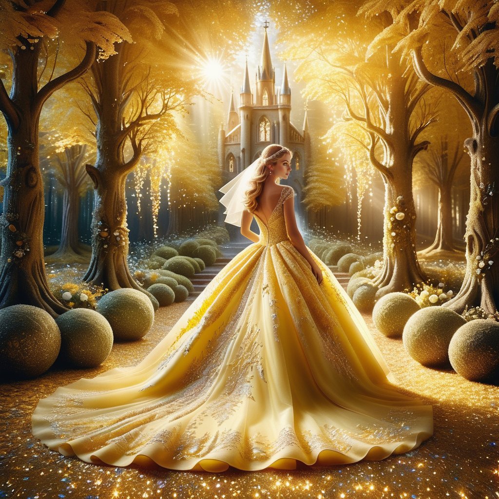 light spills through the enchanted forest, illuminating a vision in a flowing yellow wedding ballgown. Delicate embroidery shimmers with every step, and a cathedral veil cascades down her back like a waterfall of moonlight. A radiant bride, ready to begin her happily ever after in this magical fairyland,glitter,Ba11g0wn ,FuturEvoLabWedding