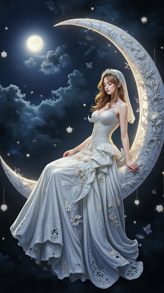 In a realm of dreams and enchantment, a Euro-American bride finds herself in a setting that transcends the ordinary. She lies peacefully asleep on the curve of a crescent moon, which appears larger than life, its silver glow illuminating the night sky. Her gown, woven from the fabric of the night, shimmers with delicate lace and intricate embroidery that sparkles like constellations. Her veil, as light as a whisper, floats gently around her, stirred by the lunar breeze.

The crescent moon provides a unique and breathtaking backdrop, its gentle curve cradling the bride as if she were a celestial being. Ethereal creatures, perhaps lunar fairies, flutter around her, their wings leaving trails of stardust. They whisper ancient blessings and weave garlands of moonflowers into her hair, adding to the enchantment.

As she sleeps, the air is filled with the soft, melodic hum of the universe, a symphony that resonates with the heartbeat of the cosmos. The bride's dreams are filled with visions of love and wonder, as if the moon and the stars are celebrating her union with the same joy and reverence as her loved ones back on Earth. This ethereal scene captures the essence of a bride's dreams, where the mundane is transformed into the magical, and the ordinary becomes extraordinary.