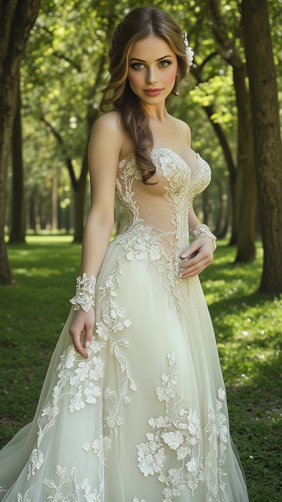 Nestled within the heart of an enchanted forest, a European bride stands as a vision of ethereal beauty. Her long veil, a whisper of ivory silk, trails behind her, catching the dappled sunlight filtering through the canopy above. Her features, exquisitely sculpted, are a symphony of elegance—high cheekbones, a delicate nose, and soft, blush-colored lips that hint at a gentle smile. Her eyes, a deep, mesmerizing green, mirror the verdant surroundings, sparkling with a mix of joy and serenity. The intricate embroidery of her gown, adorned with delicate flowers, blends seamlessly with the forest's natural tapestry, creating a scene of pure, otherworldly enchantment.

