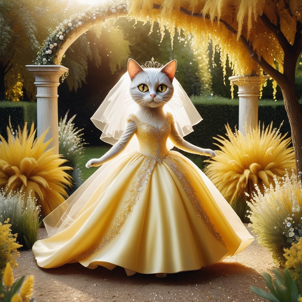 1 anthropomorphic cat, full body,act as a a bride with long white veil dancing in the garden.yellow wedding dress,glitter