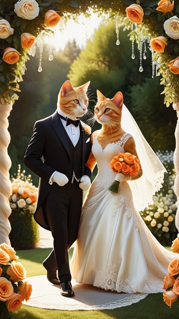 1 anthropomorphic couple cats, full body,act as In a serene garden, a charming orange tabby groom, dressed in a dapper black tuxedo with a crisp white shirt, dances gracefully with his elegant bride. The bride, a stunning orange tabby herself, wears a flowing ivory wedding gown adorned with delicate lace and sparkling beads. Her long veil, a cascade of soft tulle, trails behind her, catching the gentle breeze. Surrounding them, vibrant roses, lilies, and peonies create a fragrant, colorful backdrop, as the couple twirls and sways in perfect harmony.