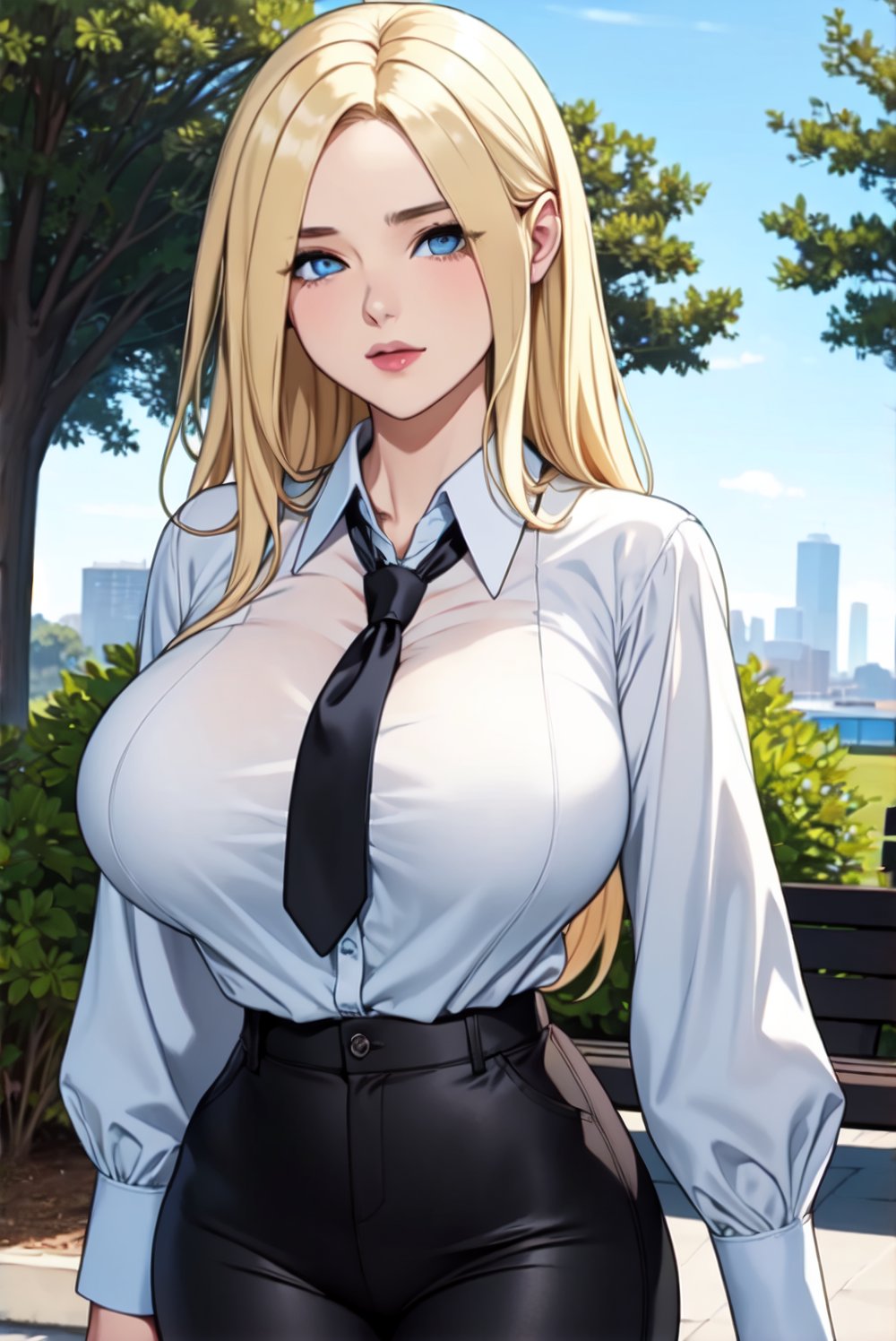 standing Women in a park(white blouse with tie and black pants)big breasts, big thighs,long blonde hair, blue eyes,facing viewer,upper body only.