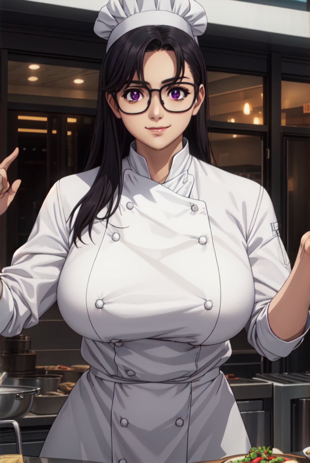 woman in a shopping plaza(chef clothes)glasses, big breasts, big thighs,onyx black hair,purple eyes,smirk,view facing the viewer,Upper body only,