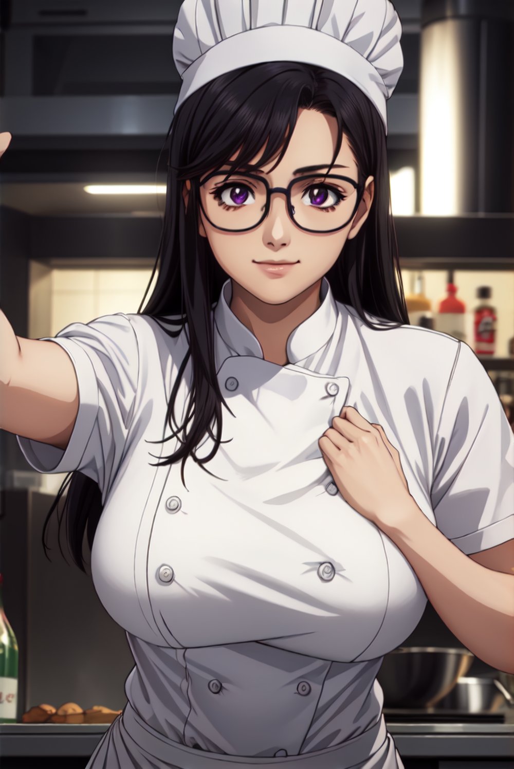 woman in a shopping plaza(chef clothes)glasses, big breasts, big thighs,onyx black hair,purple eyes,smirk,view facing the viewer,Upper body only,