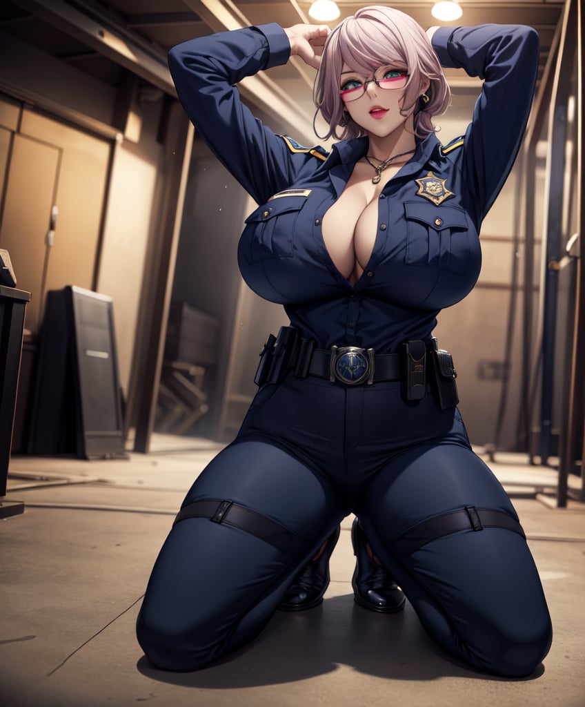Kneeling,arms behind head woman in a basement(police blouse) (tactical belt dress pants)police badge, big breasts, big thighs, facing the viewer,