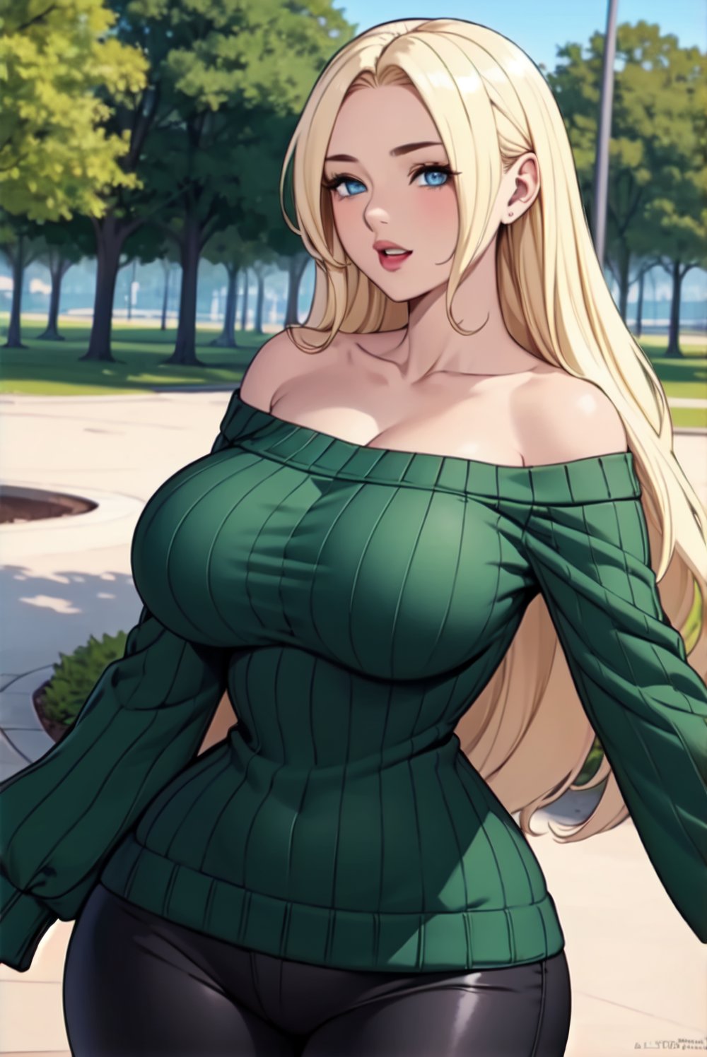 standing Women in a park(green strapless long sleeve sweater with black pants)big breasts, big thighs,long blonde hair, blue eyes,facing viewer,upper body only.