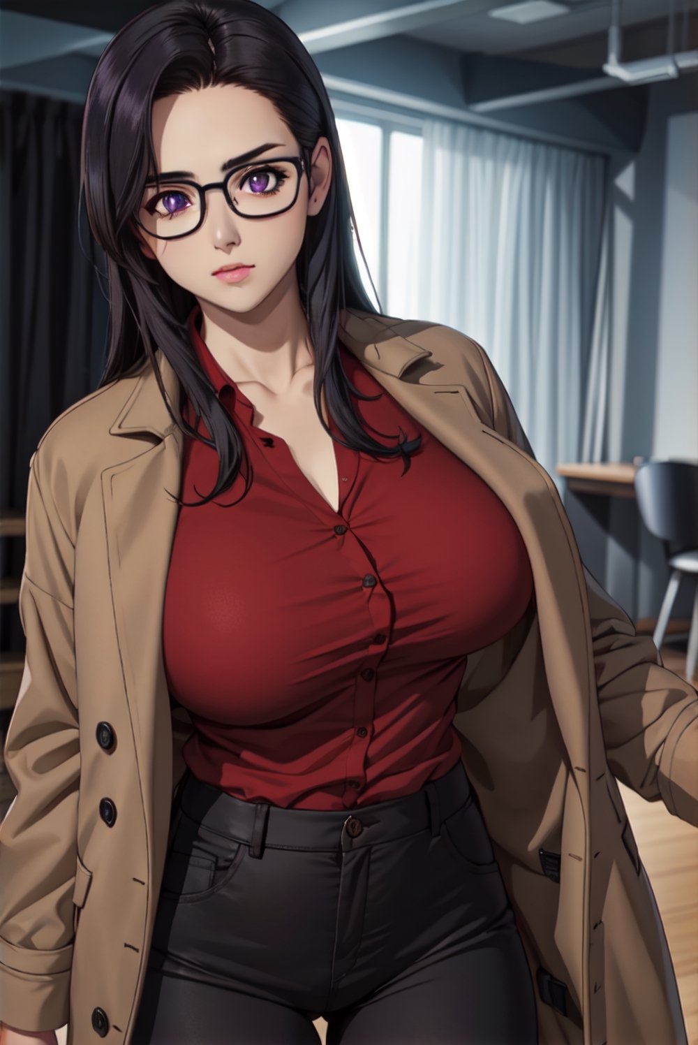 woman standing in a room (brown coat with red shirt and black pants)big breasts, big thighs,purple pupils,black hair,facing the viewer,upper body only.