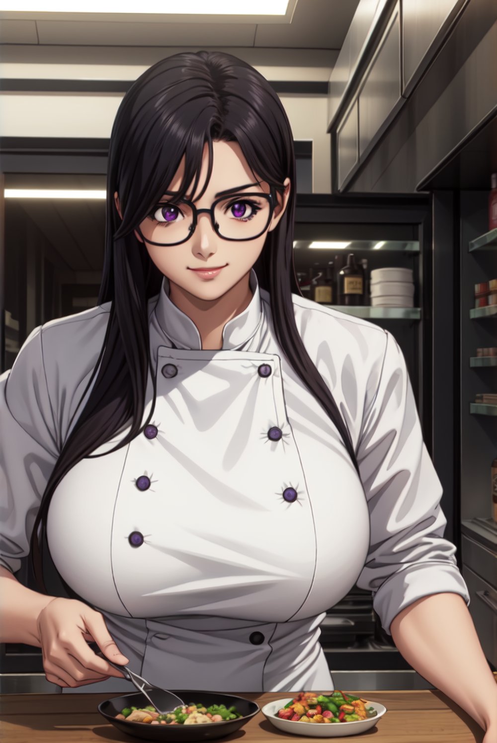 woman in a shopping plaza(chef clothes)glasses, big breasts, big thighs,onyx black hair,purple eyes,smirk,view facing the viewer,Upper body only,