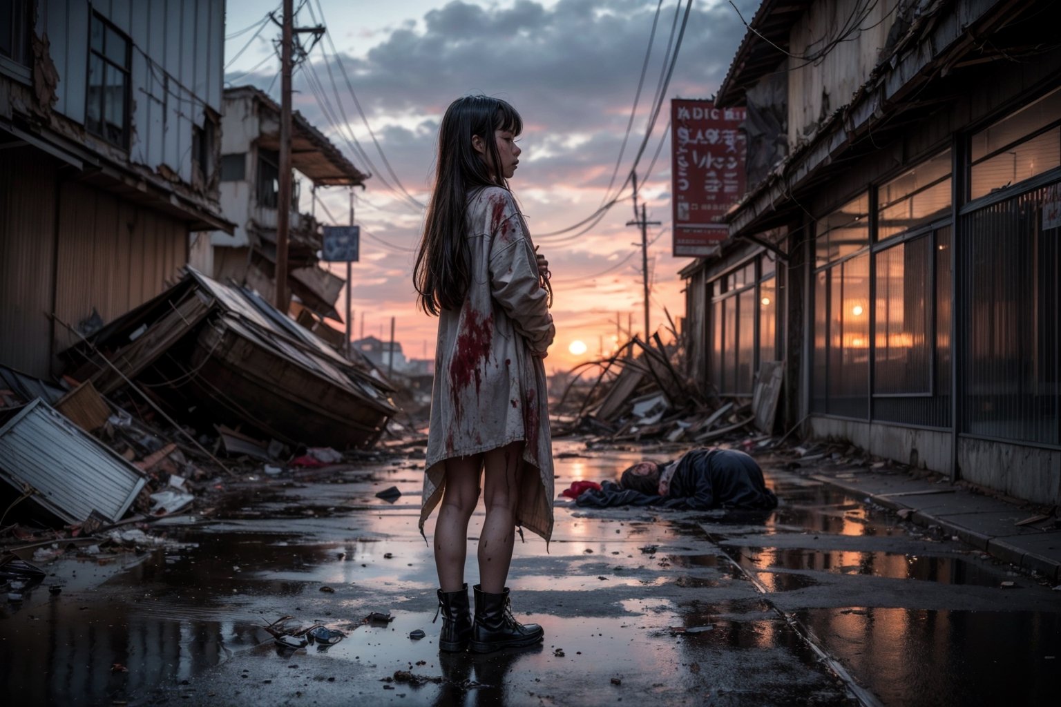 best quality,  extremely detailed,  HD,  8k,  extremely intricate:1.3),  cinematic lighting,   rainy sunset, 1 girl, A little girl stands praying with her dirty puppy in front of a ruined shrine, ((puppy)), ((dirty)),  ((skeleton)) lying on the side of the road, (( ripped clothes)), (( dirty on clothes)), sad and gloomy atmosphere, ((side body view)), close view, blood,In this war-torn place filled with the smell of blood and the sound of footsteps, corpses are strewn everywhere, and wreckage, explosions and scars of conflict are scattered all over the place. The city is a testament to a dystopia, dilapidated and filthy beneath the rainy sunset. A young girl stands in prayer before a desecrated temple, her filthy puppy standing beside her. There was a corpse lying on the roadside, his clothes were in tatters, a sad and desolate sight. There's a heavy melancholy in the air, accentuated by close-ups of grimy clothes and bloodied dead bodies.