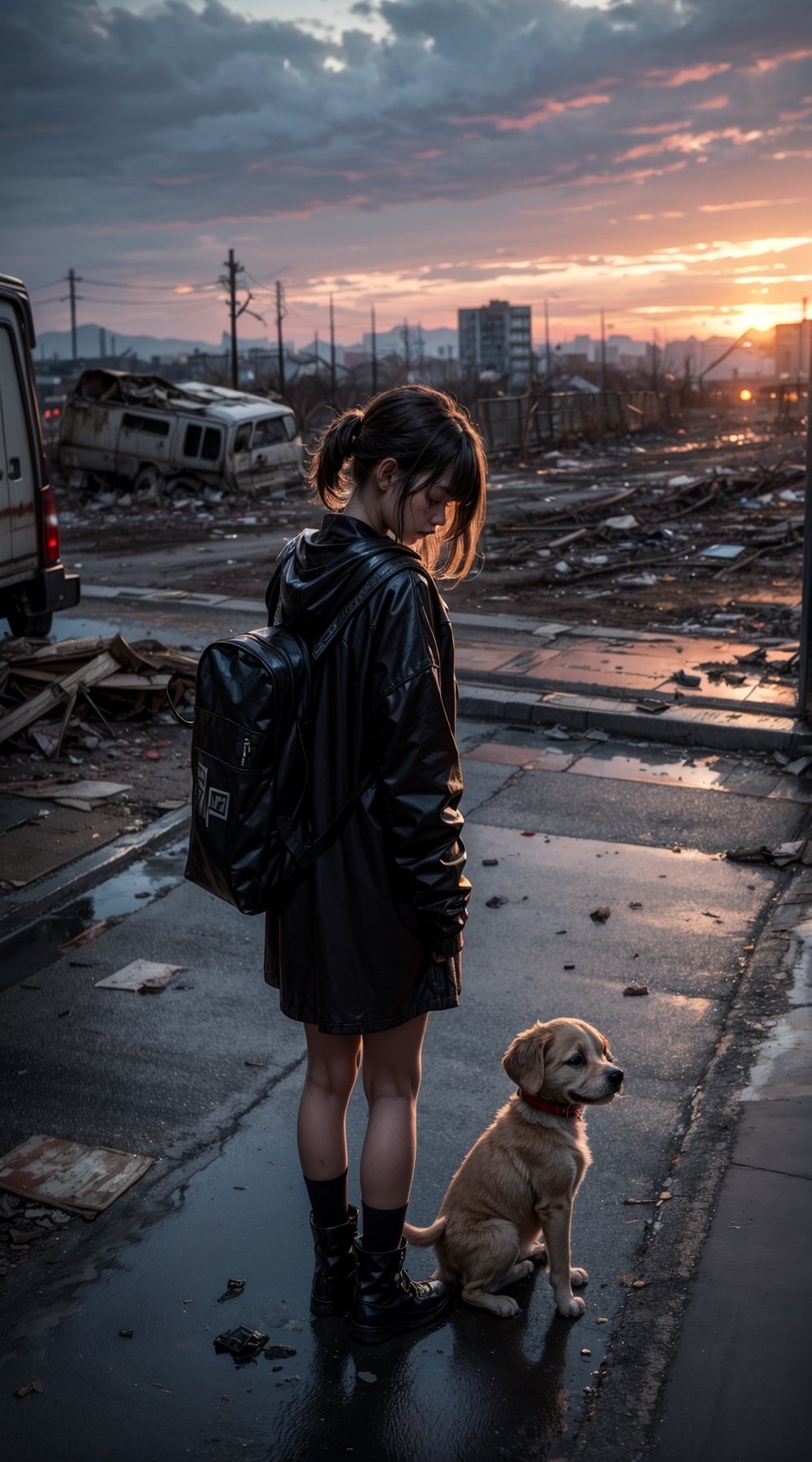 best quality,  extremely detailed,  HD,  8k,  extremely intricate:1.3),  cinematic lighting,   rainy sunset, 1 girl, A little girl stands praying with her dirty puppy in front of a ruined shrine, ((puppy)), ((dirty)),  ((skeleton)) lying on the side of the road, (( ripped clothes)), (( dirty on clothes)), sad and gloomy atmosphere, ((side body view)), close view, blood,In this war-torn place filled with the smell of blood and the sound of footsteps, corpses are strewn everywhere, and wreckage, explosions and scars of conflict are scattered all over the place. The city is a testament to a dystopia, dilapidated and filthy beneath the rainy sunset. A young girl stands in prayer before a desecrated temple, her filthy puppy standing beside her. There was a corpse lying on the roadside, his clothes were in tatters, a sad and desolate sight. There's a heavy melancholy in the air, accentuated by close-ups of grimy clothes and bloodied dead bodies.