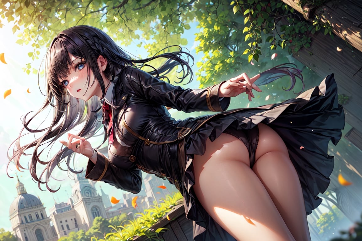 Low angle shot of a girl wearing a skirt, revealing her panties. Blowing in the breeze, the girl's skirt fluttered gently, like dancing petals. Her hair sparkled in the soft sunlight, and her eyes were full of innocence and curiosity. The surrounding environment is also made more majestic by low-angle shots, as if telling a mysterious story. The girl raised her head slightly and stared into the distance, her eyes revealing her desire for the unknown world. The sunlight penetrated the gaps in the leaves and fell on her body, outlining her graceful figure.