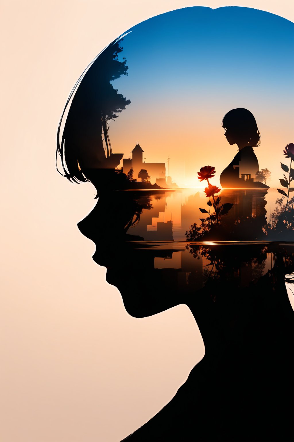 silhouette of a woman in profile. Inside the silhouette you can see the double exposure with a flower, masterpiece, ((double exposure)), proportional.,DOUBLE EXPOSURE