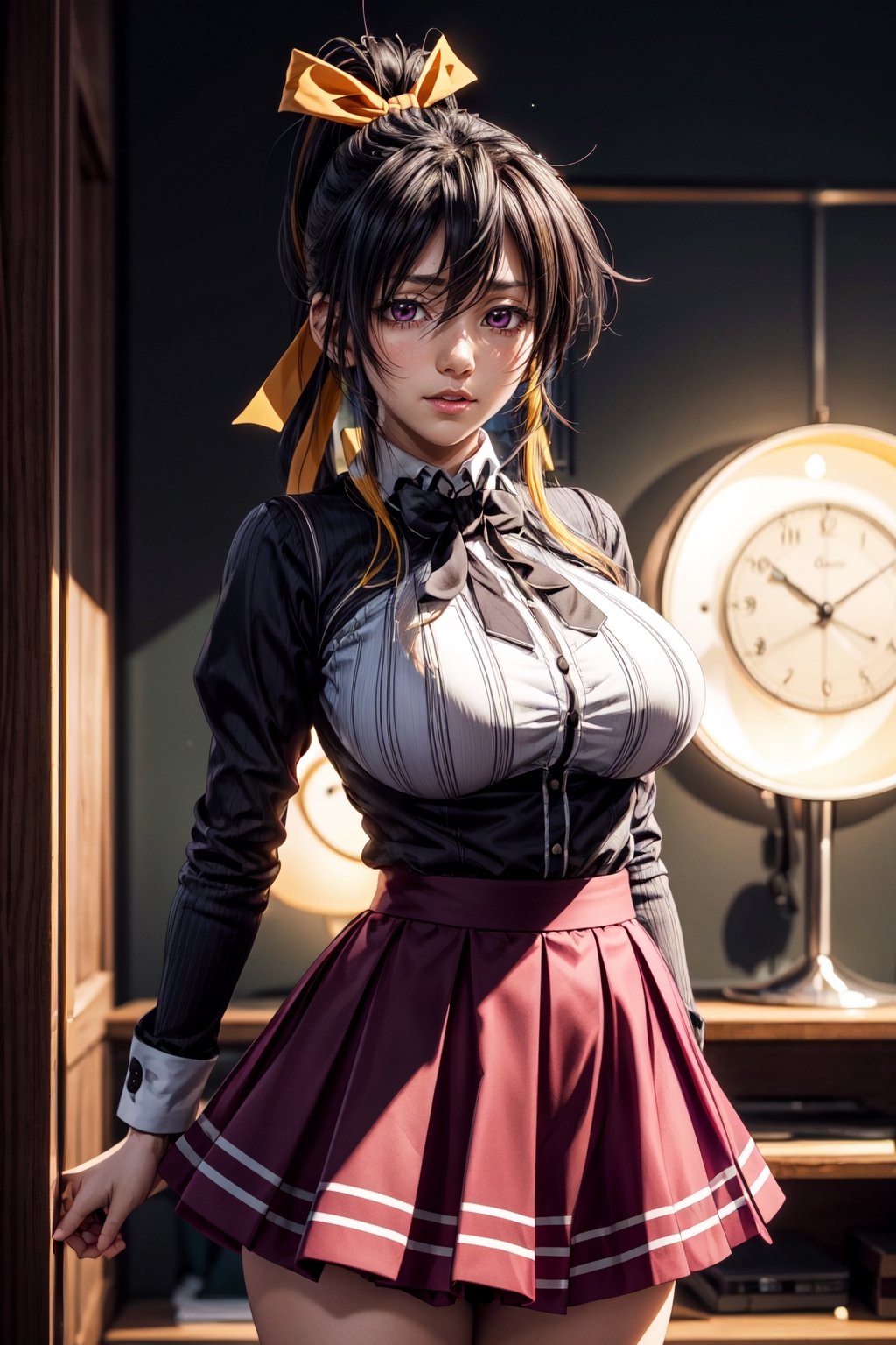 best quality:1.4), (detailed:1.3), (RAW photo:1.2), highres, intricate, 8K wallpaper, cinematic lighting, photorealistic, one woman, female_solo, large breasts, black hair, ponytail, yellow hair ribbon, ahoge, school uniform, skirt, pleated skirt, purple skirt, huge ahoge, akeno himejima