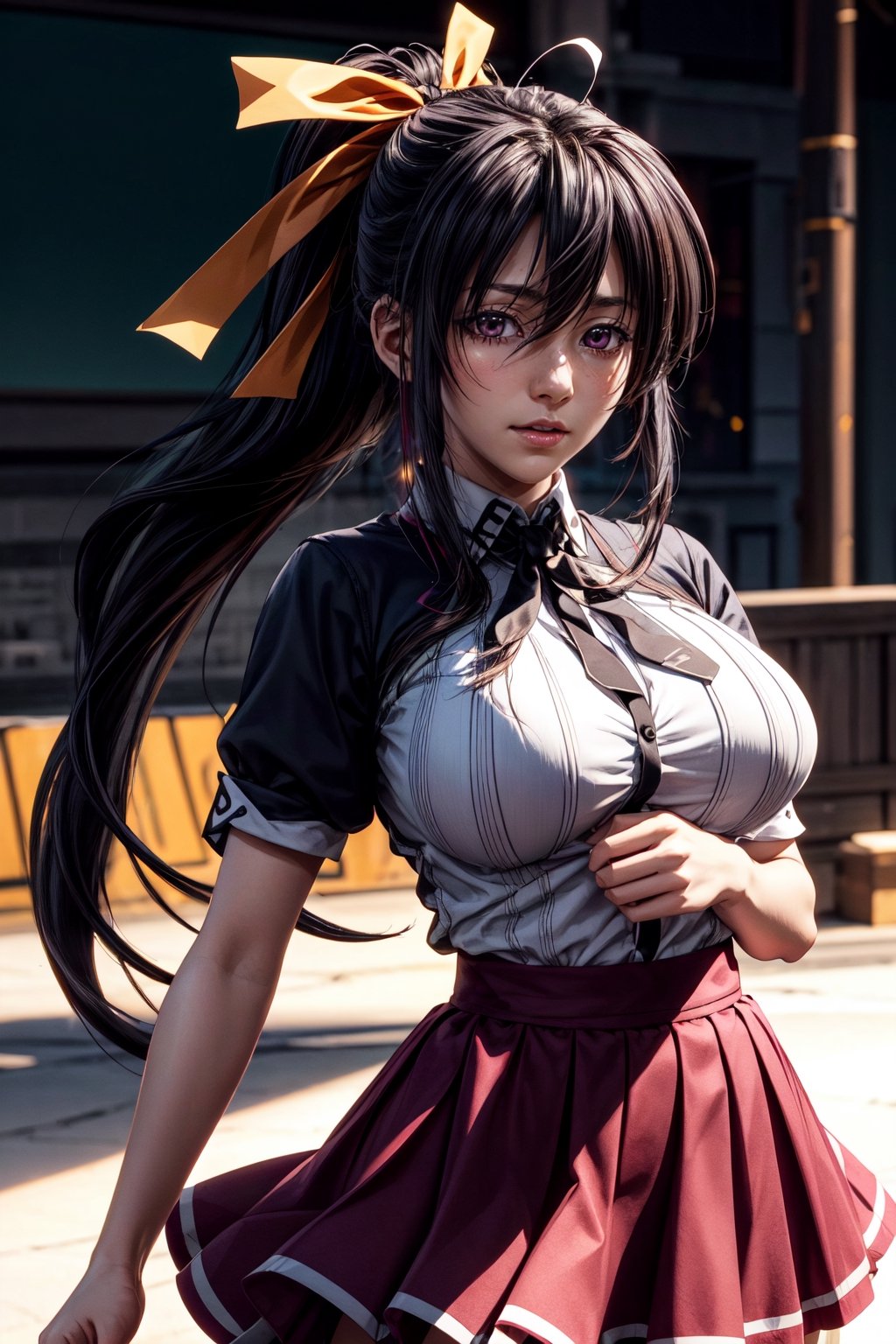 best quality:1.4), (detailed:1.3), (RAW photo:1.2), highres, intricate, 8K wallpaper, cinematic lighting, photorealistic, one woman, female_solo, large breasts, black hair, ponytail, yellow hair ribbon, ahoge, school uniform, skirt, pleated skirt, purple skirt, huge ahoge, akeno himejima