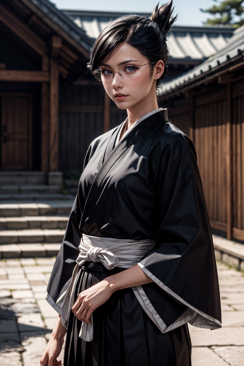 (best quality:1.4), (detailed:1.3), (RAW photo:1.2), highres, intricate, 8K wallpaper, cinematic lighting, photorealistic, one girl, female_solo, black hair, folded ponytail, glasses, black robes, sash, hakama skirt, outside ,ise nanao