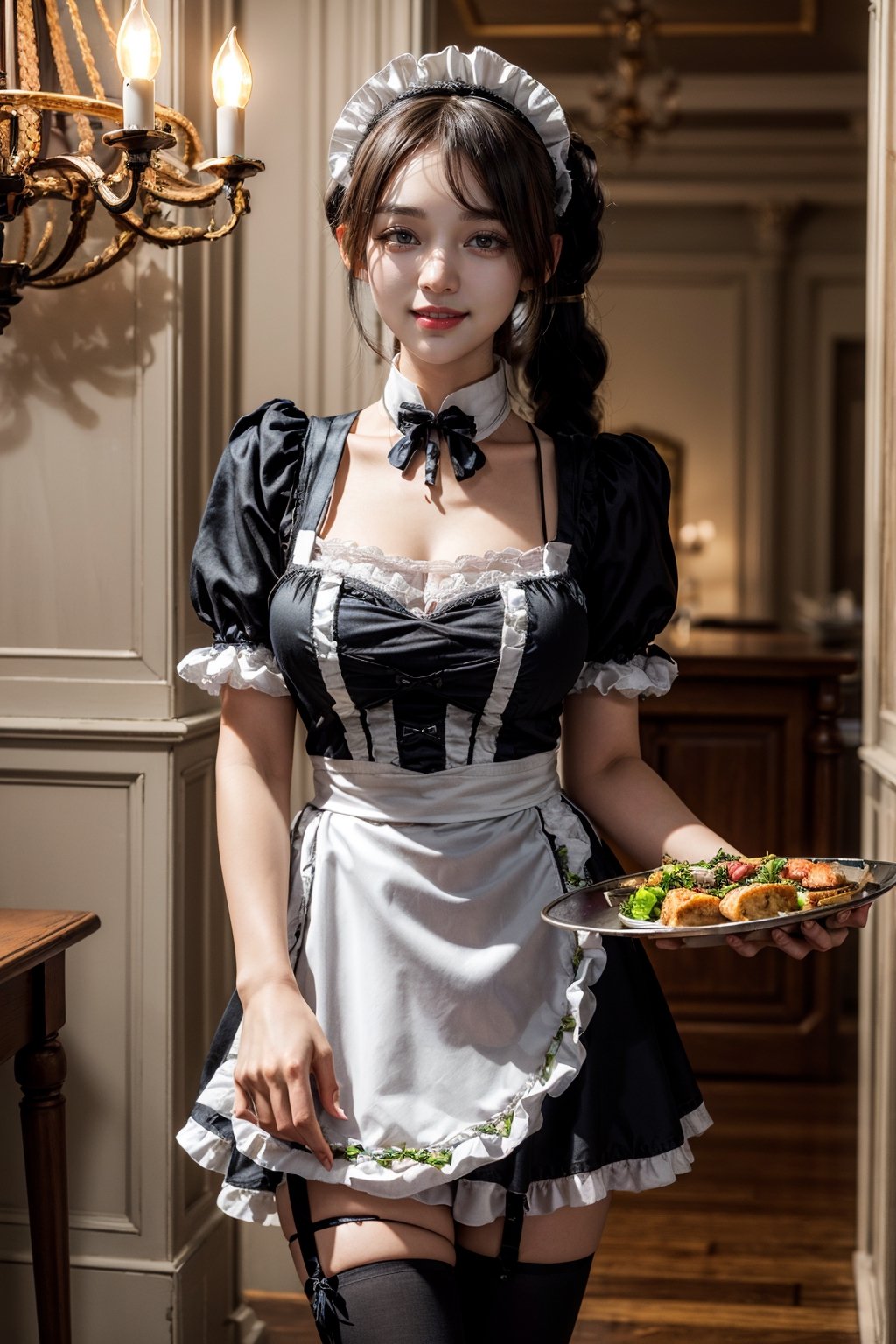 (best quality:1.4), (detailed:1.3), (RAW photo:1.2), highres, intricate, 8K wallpaper, cinematic lighting, photorealistic, one girl, female_solo, black hair, ponytail, very long hair, gigantic breasts, narrow hips, (black Victorian maid costume:1.5), black bowtie, short sleeves white neck collar, large apron, white apron, black pantyhose, luxury restaurant, beautiful lighting, well bright chandeliers, (carrying tray of food:1.2), smile expression, well done make-up, well detailed image