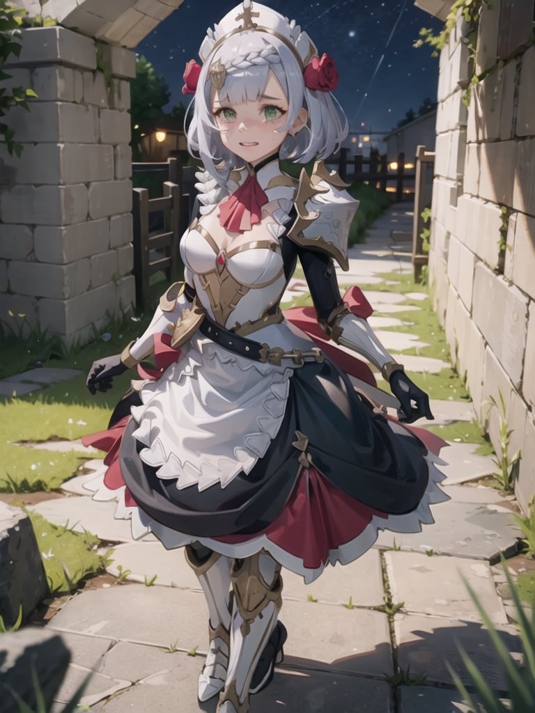 1 GIRL, NOELLE, BRAID, FLOWER, HAIR FLOWER, HAIR ORNAMENT, SHORT HAIR, SILVER HAIR, (GREEN EYES:1.5),
APRON, ARMOR, ASCOT, BLACK PANTYHOSE, BLACK SKIRT, DRESS, GAUNTLETS, GOLD TRIM, HEADDRESS, LONG SLEEVES, MAID, MAID APRON, MAID HEADDRESS, PANTYHOSE, PAULDRONS, SHOULDER ARMOR, SKIRT, STRAP,
ood hands, perfect hands, pretty face, perfect face, childish face , full body, perfect body, pretty stockings, walk, night, dungeon, dark dungeon, muddy dungeon, perfect dungeon, nice dress, perfect dress, cave, dark cave, crying, darkness, crying, wall, stone wall, cave,victorian,maid,noelle_a,noelle gi,noelledef,1girl