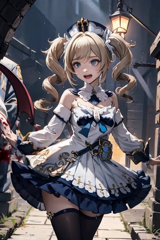 bbarbara (genshin impact),
1girl,
hat,
latin cross,
blonde hair,
long hair,
twintails,
twin drills,
blue eyes,
bow.
torn dres,
frilled skirt,
detached sleeves,

white pantyhose,
book,
belt
white pantyhose,
book,

blood, dirt, good hands, pretty face, mud, dungeon, full body, cave, cavern, torn stockings, many wounds,, torn dress, scared. praying, winter clothes, a lot of blood per suit, slimy insects, praying, crying, mud, a lot of blood, dark, hell, dungeon, at night, crying,  devil.ghosts, red eyes, palace, scared, cryingworms, running,  whole body, nice whole body, castle