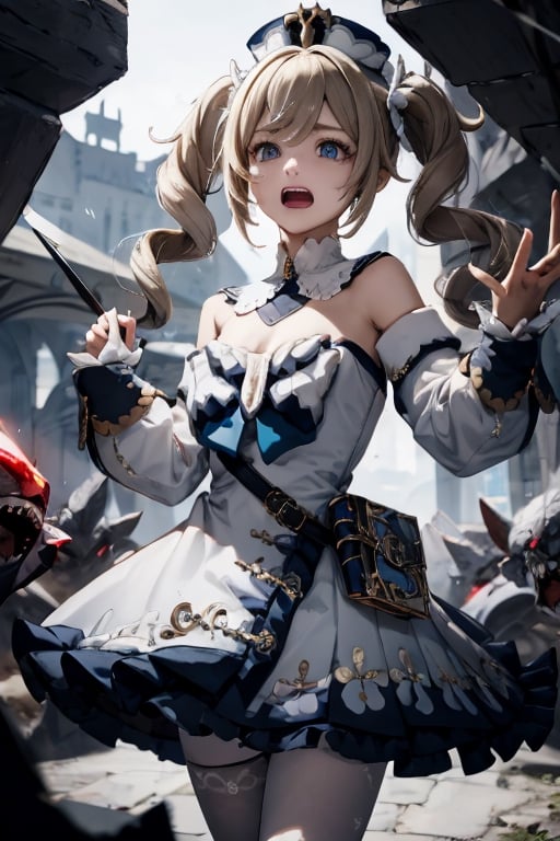 bbarbara (genshin impact),
1girl,
hat,
latin cross,
blonde hair,
long hair,
twintails,
twin drills,
blue eyes,
bow.
torn dres,
frilled skirt,
detached sleeves,

white pantyhose,
book,
belt
white pantyhose,
book,

blood, dirt, good hands, pretty face, mud, dungeon, full body, cave, cavern, torn stockings, many wounds,, torn dress, scared. praying, winter clothes, a lot of blood per suit, slimy insects, praying, crying, mud, a lot of blood, dark, hell, dungeon, at night, crying,  devil.ghosts, red eyes, palace, scared, cryingworms, running,  whole body, nice whole body, castle