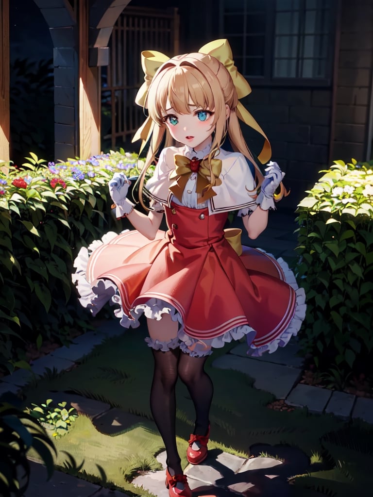 KAORUKO TENKAWA, LONG HAIR, BLUE EYES, BLONDE HAIR, BOW, HAIR BOW, RED BOW,, 1 GIRL,, HAIR RIBBON, YELLOW THROAT, JEWELRY, BROOCH, CAPELET, RED DRESSER, GREEN EYES, Ruffles, DRESS RED, SHORT PUFFY SLEEVES, WHITE GLOVES, RED BOW, WHITE THIGHS,, good hands, pretty face, full body, cave, cavern, scared. praying, darkness, hell, dungeon, at night, scared, walking, perfect hands, pretty hands, good hands, pretty face, full body, pretty decorated stockings, o, full body, beautiful body, perfect body, beautiful body, legs perfect, beautiful legs, perfect hands, beautiful hands, scared, full body, pretty face, perfect face, child's face, perfect face, pretty face, rro, perfect lips. beautiful eyes, flower garden, perfect garden, roses, perfect roses, ,1girl and ,AIDA_LoRA_ElonaV,Bomi