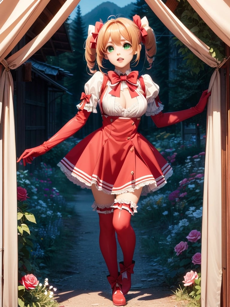 HARUKA HANABISHI, MEGA TWINTAILS
BIG HAIR (GREEN EYES:1.3) (BLONDE HAIR),
, RUFFLES, RED DRESS, SHORT PUFFY SLEEVES, WHITE GLOVES, RED BOW, WHITE THIGHS, BOOTS, ELBOW GLOVES, MAGIC GIRL, RED GLOVES, BOW, BOW BACK, BIG BOW, BOOTS WITH BOW, LONG STOCKINGS, STOCKINGS WITH LACE, BIG TITS,
 good hands, pretty face, full body, cave, cavern, scared. praying, darkness, hell, dungeon, at night, scared, walking, perfect hands, pretty hands, good hands, pretty face, full body, pretty decorated stockings, o, full body, beautiful body, perfect body, beautiful body, legs perfect, beautiful legs, perfect hands, beautiful hands, scared, full body, pretty face, perfect face, child's face, perfect face, pretty face, rro, perfect lips. beautiful eyes, flower garden, perfect garden, roses, perfect roses, ,1girl and 1boy,Zombie,Vampirism,vamptech,camping tent,open door curtain