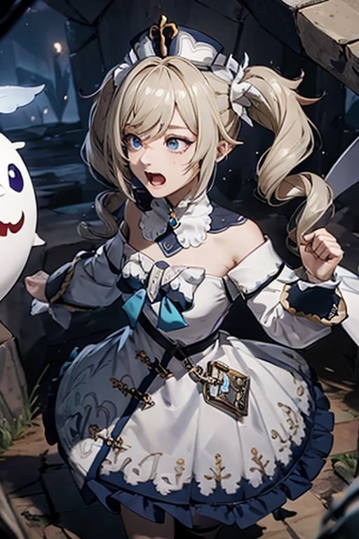 bbarbara (genshin impact),
1girl,
hat,
latin cross,
blonde hair,
long hair,
twintails,
twin drills,
blue eyes,
bow.
torn dres,
frilled skirt,
detached sleeves,

white pantyhose,
book,
belt
white pantyhose,
book,

blood, dirt, good hands, pretty face, mud, dungeon, full body, cave, cavern, torn stockings, many wounds,, torn dress, scared. praying, winter clothes, a lot of blood per suit, slimy insects, praying, crying, mud, a lot of blood, dark, hell, dungeon, at night, crying,  devil.ghosts, red eyes, palace, scared, cryingworms, running,  whole body, nice whole body, castle