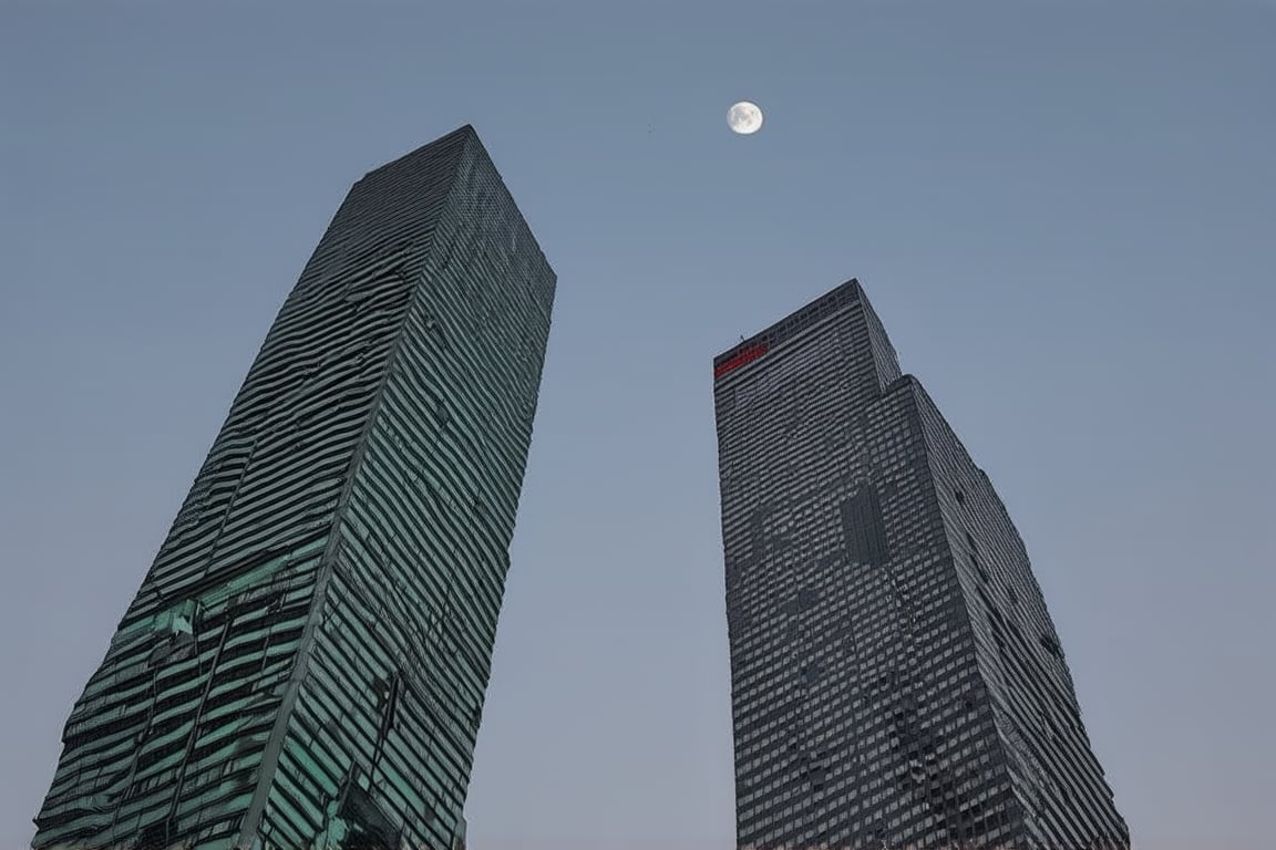 light bluish gray-light skyscrapers, sometimes with a light greenish tint, with frequent square windows, above two skyscrapers there is a red diode warning aircraft; with a dark gray sky and a clear gray sky illuminated by a bright white-blue moon