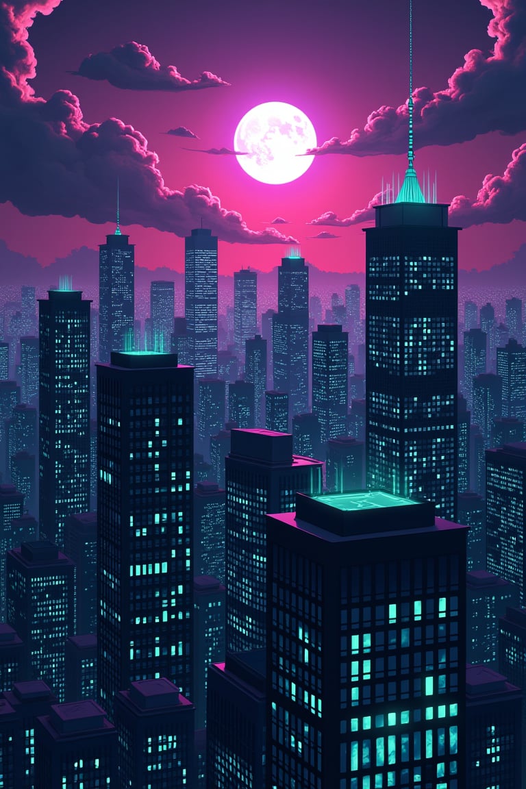 dark orange clouds illuminated by the city, purple sky, bright white moon with purple oreola, square and rectangular skyscrapers with white frequent square windows, shades of skyscraper windows light green, blue, dark blue, dark turquoise. The roofs of skyscrapers from dark squares to squares are illuminated with a dim blue square border, some skyscrapers are topped with diodes.