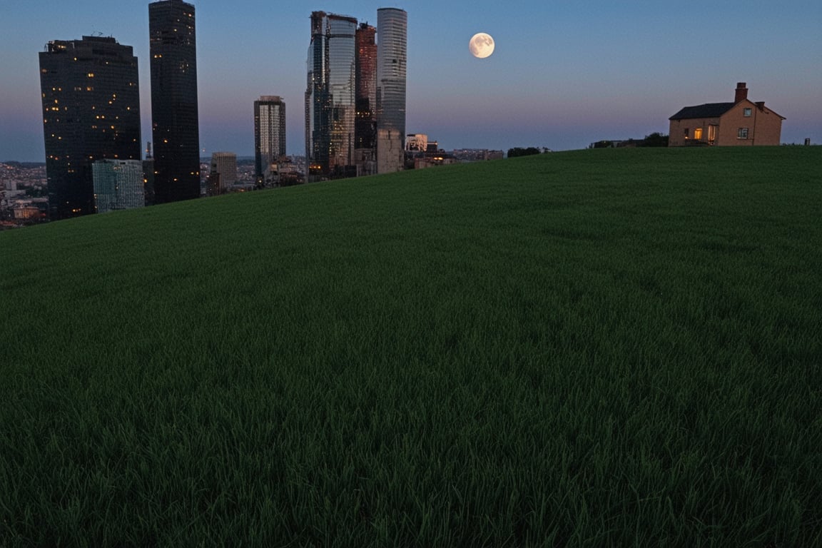 a huge hilly field covered with grass with partially clayey inclusions, green and brown boxes are visible very far away, also behind the hills narrow black skyscrapers with white windows with a yellowish tint are visible, green and brown boxes are visible far away, a dimly lit and dull black building with an orangish glow from sunset, you can see a small white bright advertisement with incomprehensible outlines, black skyscrapers with light yellow windows topped with metal structures standing right in the middle of the field reflect the light of the moon, in the distance you can see small two-story buildings with very small windows and a chimney, a little closer near the skyscrapers you can also see small two-story buildings buildings with very small windows and a chimney, not all skyscrapers are topped with metal structures, the sky on the horizon is from dark red to yellowish which sees off the departing sun, the moon is on the opposite side, the sky is soft blue topped by the moon on the opposite side of the sun, and a few stars, clouds light white very transparent barely visible,