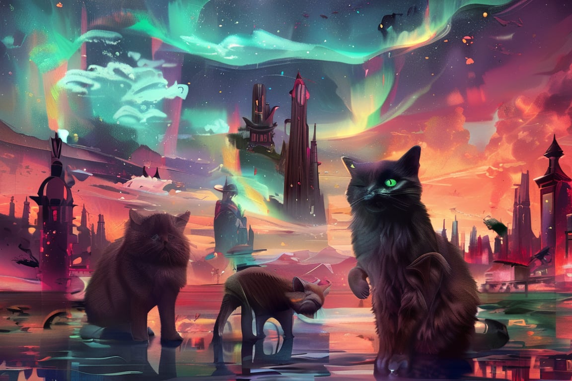 painting of A sky filled with a vibrant aurora borealis illuminating a city with grand columns while cats roam the streets and serpentine creatures swim in the oceans. Style of Cute cats and kittens with a mirror background. rosybrown, chocolate, sandybrown, darkred colors. 8K HD.