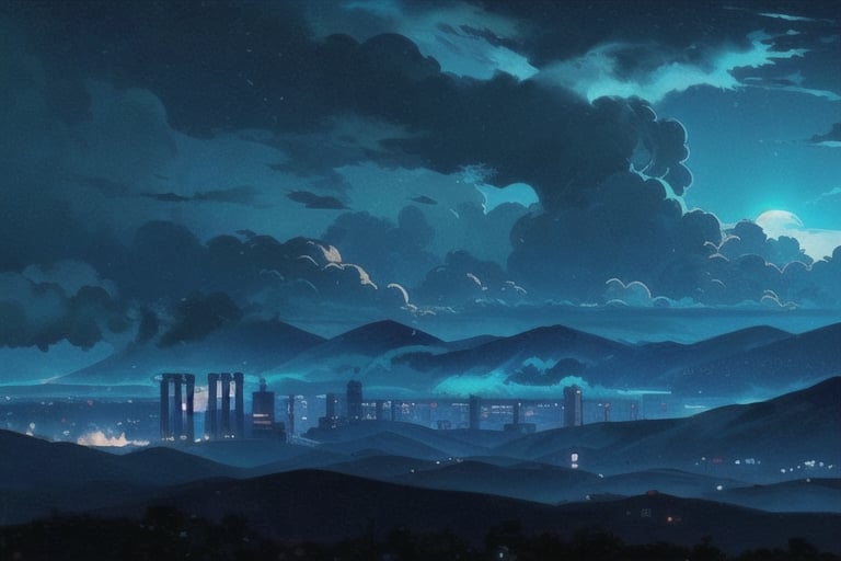 A dense layer of gray clouds illuminated in blue color from above, a small golden sun, light gray mountains in the distance on the horizon among which power plants and industrial buildings can be seen, closer gray mountains on the horizon among which power plants and industrial buildings can be seen, black mountains on the horizon among which power plants and industrial buildings can be seen,