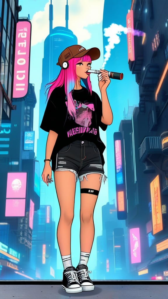 girl with pink shoulder-length hair in a brown cap smoking a vape dressed in denim short black shorts with torn ends and a black T-shirt on her white sneakers, around a futuristic city