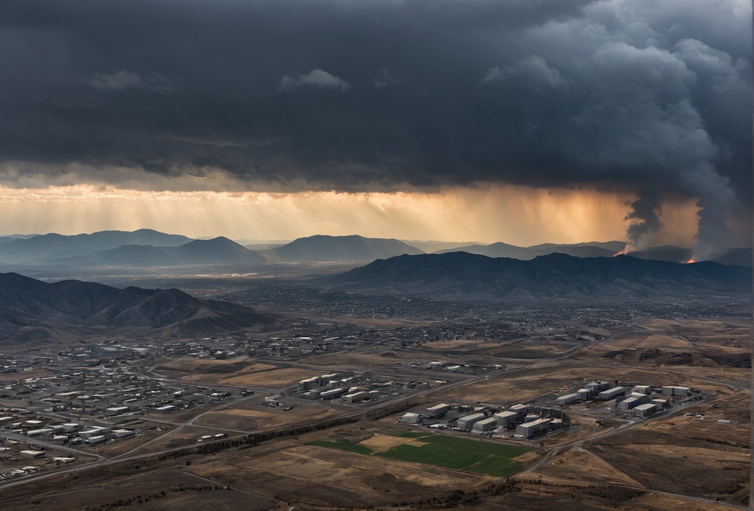 In the foreground, there is a thick layer of gray clouds that fill the sky, casting a dark and ominous mood. These clouds are artistically illuminated in a deep red color from above, creating a striking contrast against the gray backdrop. Centered in the sky is a small but radiant golden sun, its warm glow trying to break through the darkness of the clouds. As your eyes travel further, you notice a series of gray mountains on the horizon. Among these mountains, scattered in the landscape, you can spot power plants and industrial buildings peeking out, their structures adding an element of human intervention to the natural scenery. Some are nestled amidst the closer gray mountains, while others dot the black mountains further away, blending into the rugged terrain. This imagery creates a juxtaposition between the beauty of nature with the harsh realities of industrialization, highlighting the coexistence of natural landscapes and human development in a visually striking way.